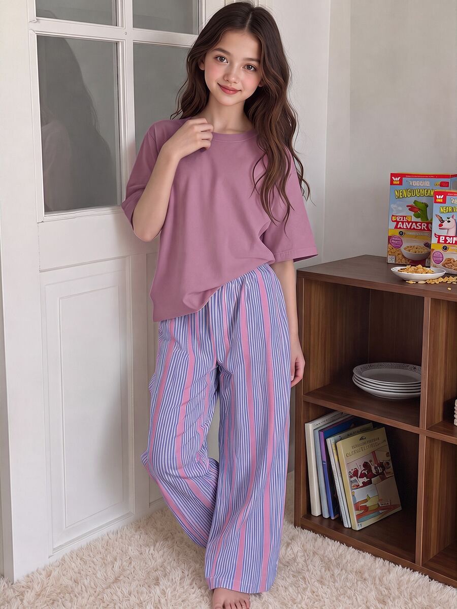 青少年女孩休閒甜美少女風簡約條紋圓領短袖長褲家居服套裝,適合日常居家穿著,舒適自在,休閒穿搭,時尚少女風 - 彩色 - 查看 1
