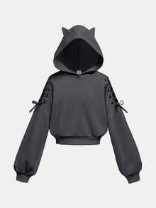 SHEIN 女童萬聖節時尚街頭風長袖抽繩休閒套頭衛衣 蝴蝶結深灰色 短版 秋冬款 - 灰色 - 查看 4