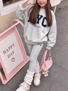 時尚復古純灰色簡約百搭 NYC 字母印花女款休閒抓絨圓領套頭衛衣＋內搭褲 2 件套，新款適合秋冬日常、外出、校園、運動，隨性時髦美式街頭甜酷風 - 白色 - 查看 2