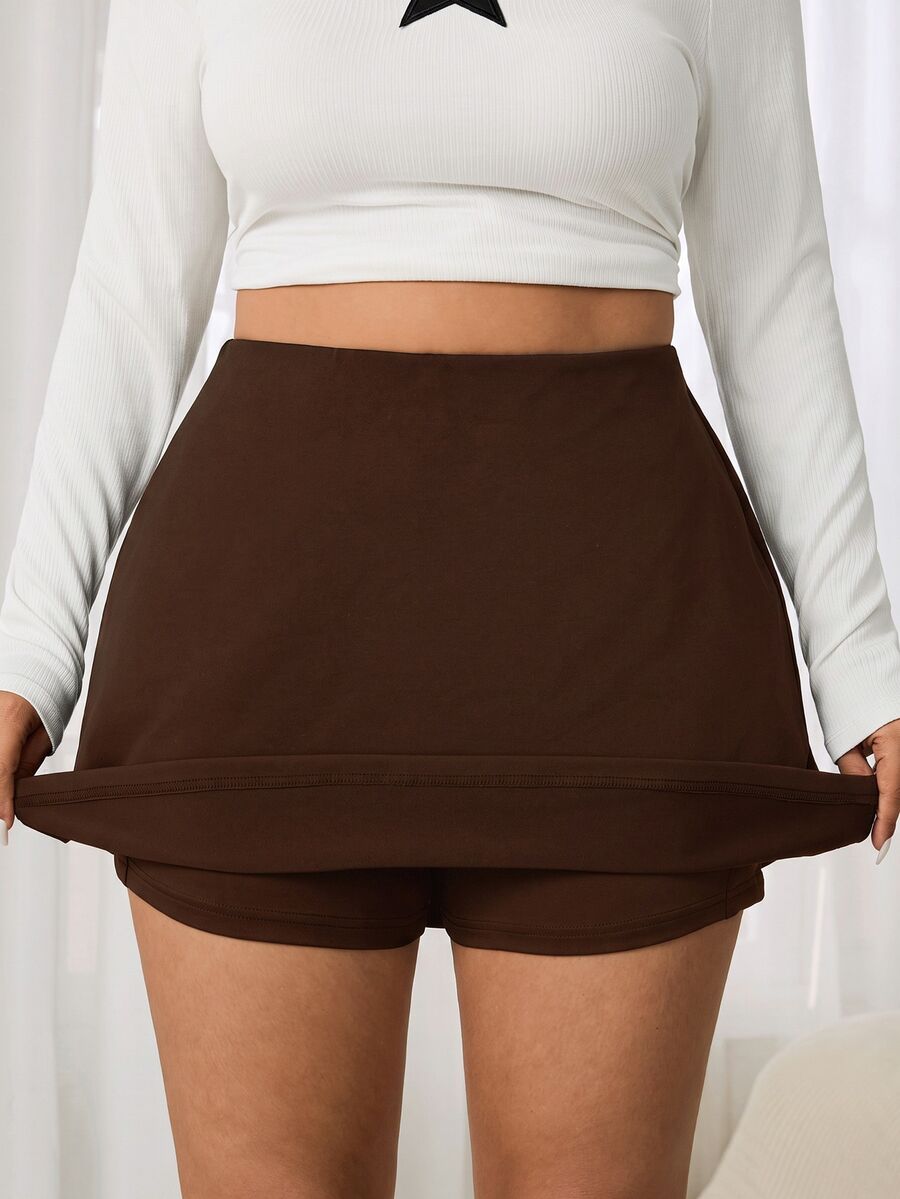 SHEIN EZwear 大尺碼女款黑色休閒柔軟裙褲,附口袋,適合秋季健身與網球運動 - 咖啡棕 - 查看 1