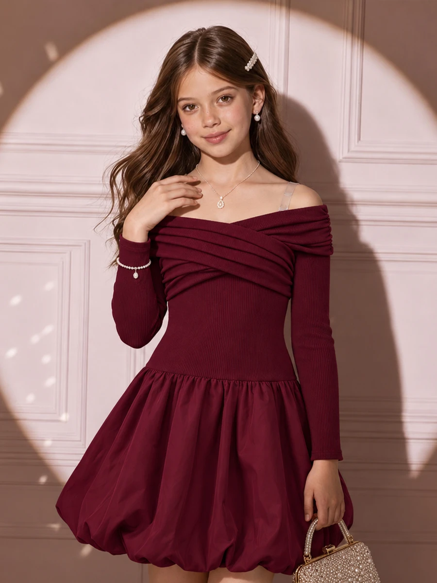 SHEIN Tween Girls Simple Lantern Hem Daily Elegant Off-Shoulder Long Sleeve Party Dress - Burgundy - View 1