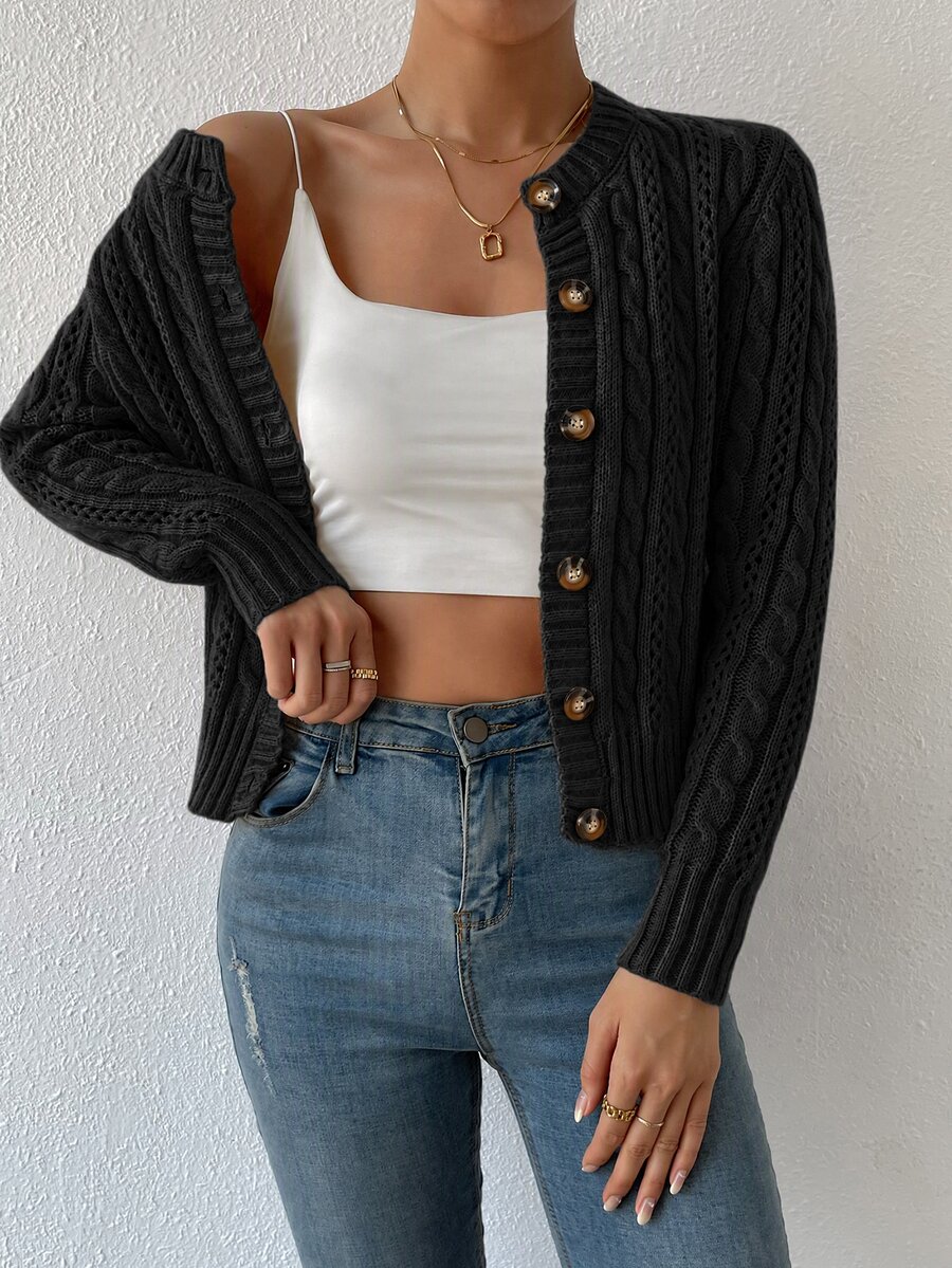 SHEIN EZwear 鏤空細節麻花編織開襟衫,秋冬長袖上衣 - 黑色 - 查看 1