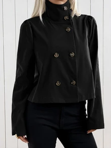 SHEIN EZwear 卡其色梭織鈕扣前開襟女款風衣，適合辦公商務、秋季優雅休閒，教師節穿搭 - 黑色 - 查看 9