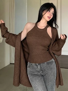DAZY 2件組女款純色細肩帶背心開襟針織衫套裝，秋季 - 咖啡棕 - 查看 3