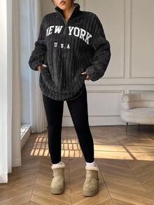 SHEIN EZwear 2件組休閒字母印花拉鍊抓絨連帽外套與修身瑜伽褲，百搭大尺碼，秋冬款 - 深灰色 - 查看 1