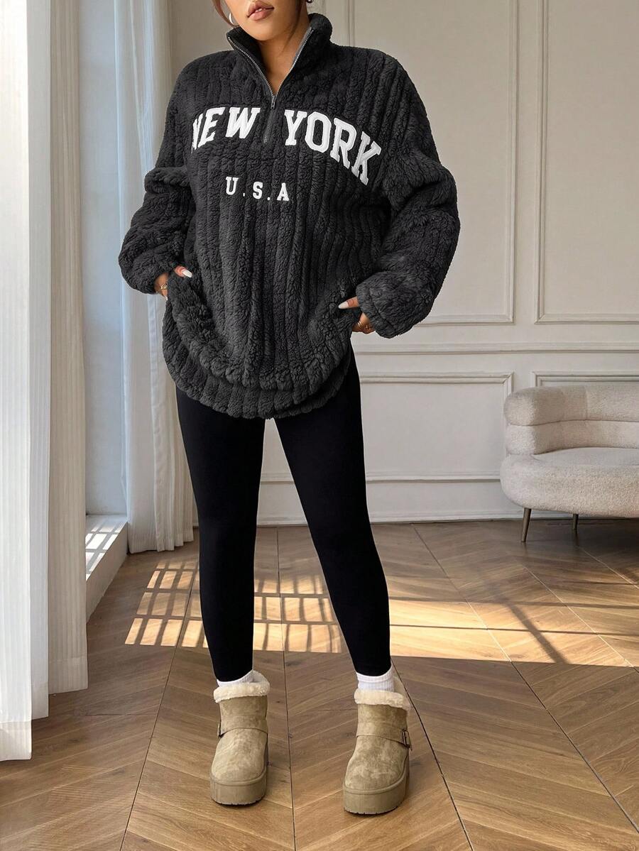 SHEIN EZwear 2件組休閒字母印花拉鍊抓絨連帽外套與修身瑜伽褲,百搭大尺碼,秋冬款 - 深灰色 - 查看 1