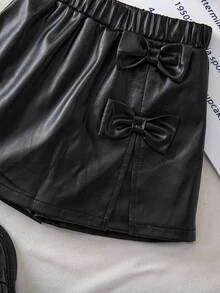 Young Girls Chic Black PU Leather Shorts With Elastic Waist And Button Accent Casual Summer Wear - Black - View 3
