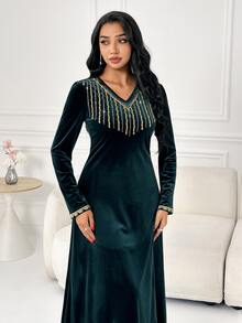 Al Najma Women's V-Neck Colorblock Casual Party Arabian Dress - Dark Green - View 1