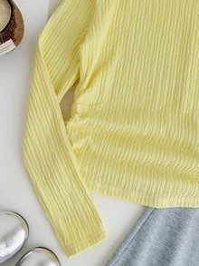 SHEIN Bộ 2 món cho bé gái tuổi teen, áo dệt kim jacquard kẻ sọc nhún cổ tròn phong cách casual Y2K phối màu xám - Nhiều màu - Xem 4