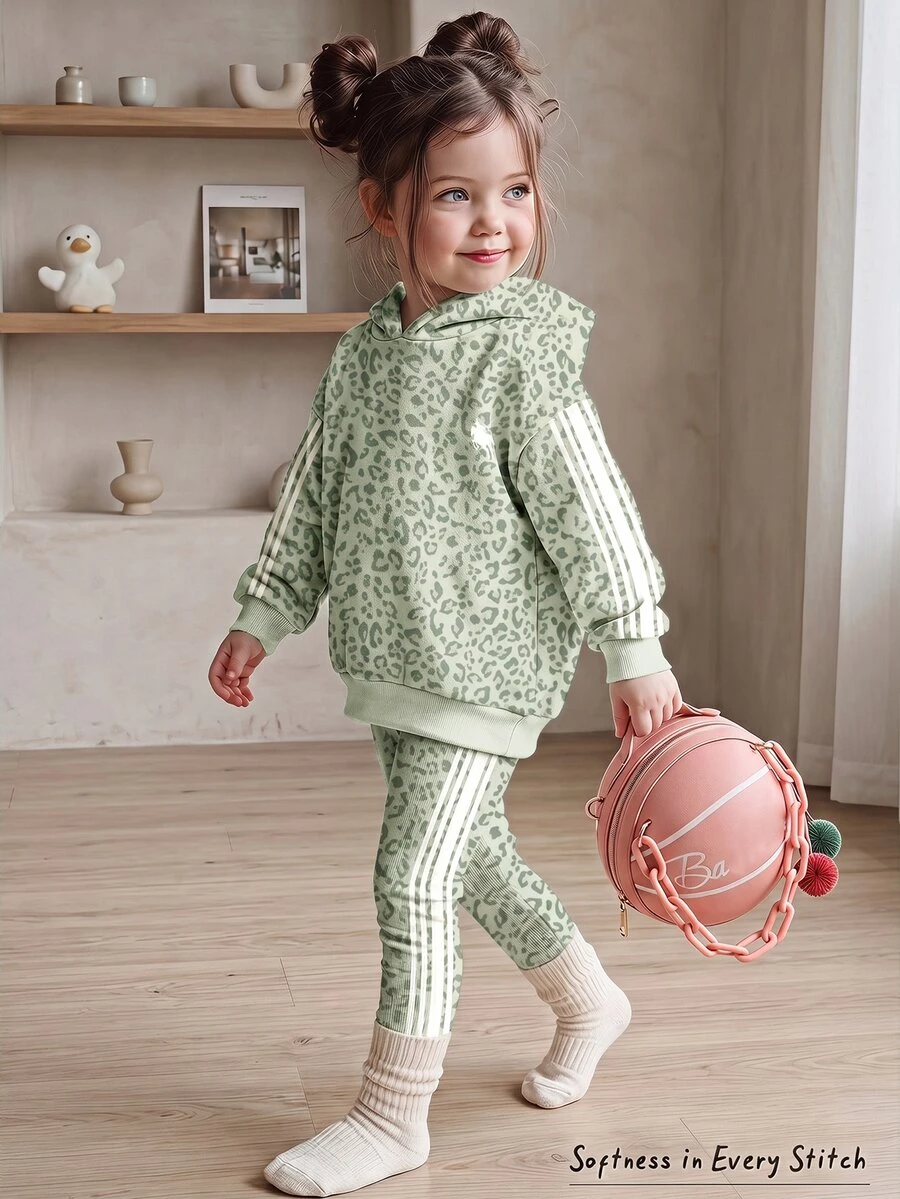 Young Girl Casual Long Sleeve Hooded Sweatshirt & Leggings 2 Pieces Set, Suitable For Autumn/Winter - Multicolor - View 1