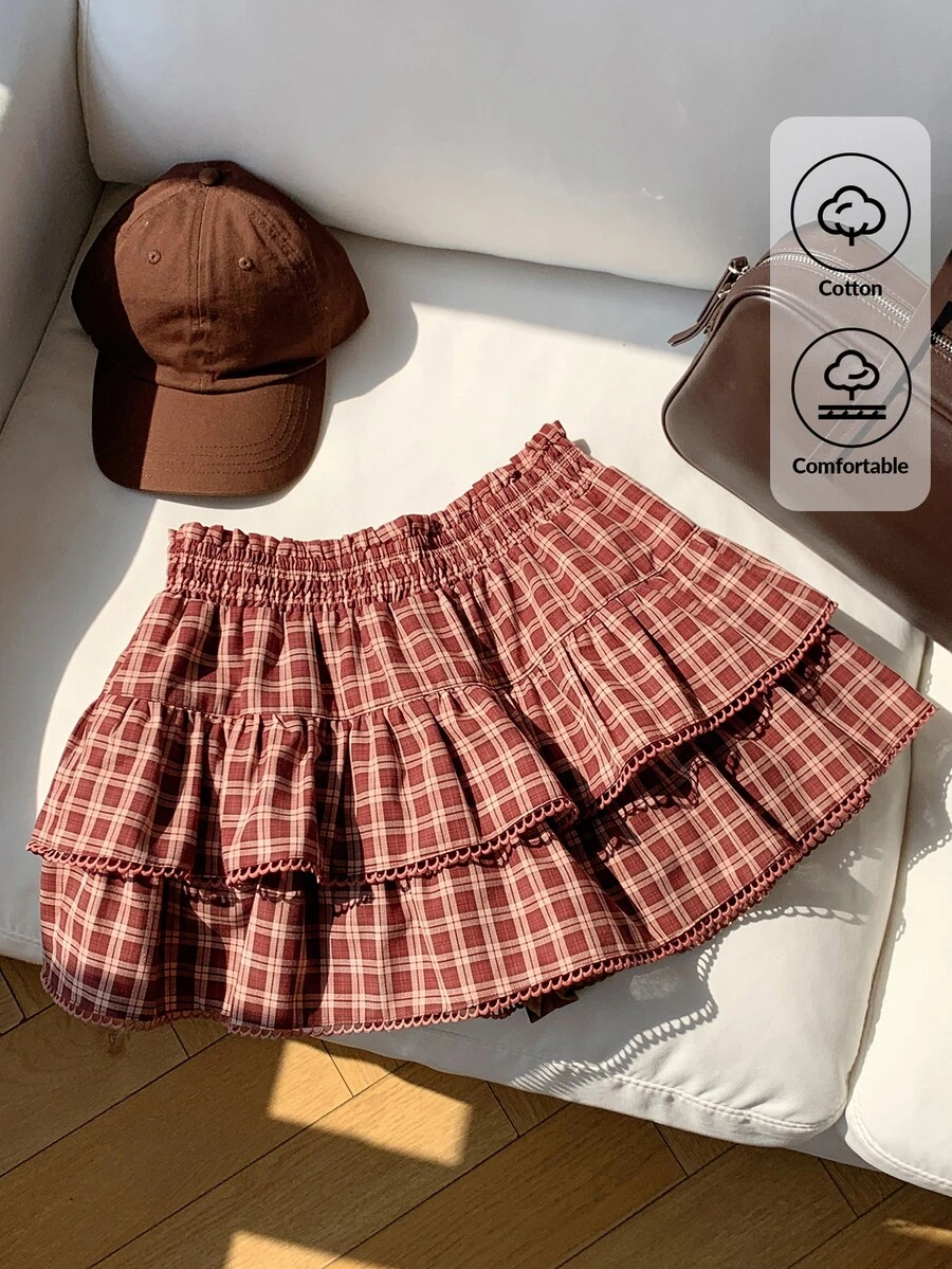 Comfortcana 大尺碼女款彈性腰格紋休閒可愛日系 90 年代百搭日常穿著辦公室裙 回校季畢業季巧克力棕秋季 - 紅白色 - 查看 1