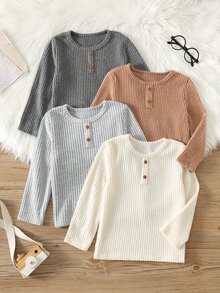 SHEIN 4件組兒童小男孩小女孩秋冬休閒圓領T恤上衣 基本款多件組上衣 - 彩色 - 查看 3