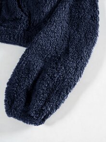SHEIN EZwear 秋季女款半拉鍊深灰色刷毛字母貼布設計短版休閒衛衣，校園假期街頭風 - 藏蓝色 - 查看 5