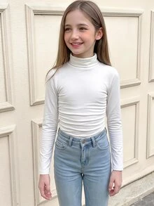 SHEIN Tween-flicka, enfärgad stickad t-shirt med rynkad hals, basplagg för barn, perfekt för avslappnad och daglig användning samt skolan under höst och vinter - Vitt - Visa 5