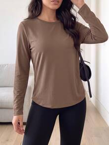 Solavon Women's Solid Color Long Sleeve T-Shirt And Leggings Sports Set - Brown - View 6