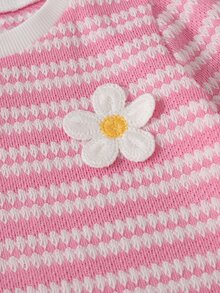 SHEIN Girls Striped Long Sleeve Young Girl Dress With 3D Floral Ruffle Hem, Sweet Knit Dress For Toddlers - Pink - View 5