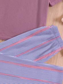青少年女孩休閒甜美少女風簡約條紋圓領短袖長褲家居服套裝，適合日常居家穿著，舒適自在，休閒穿搭，時尚少女風 - 彩色 - 查看 6