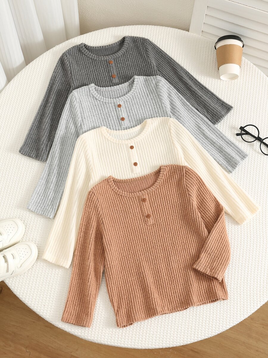 SHEIN 4件組兒童小男孩小女孩秋冬休閒圓領T恤上衣 基本款多件組上衣 - 彩色 - 查看 1