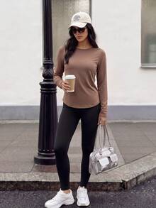 Solavon Women's Solid Color Long Sleeve T-Shirt And Leggings Sports Set - Brown - View 4
