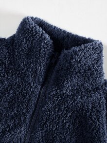 SHEIN EZwear 秋季女款半拉鍊深灰色刷毛字母貼布設計短版休閒衛衣，校園假期街頭風 - 藏蓝色 - 查看 4