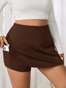 SHEIN EZwear 大尺碼女款黑色休閒柔軟裙褲，附口袋，適合秋季健身與網球運動 - 咖啡棕 - 查看 6