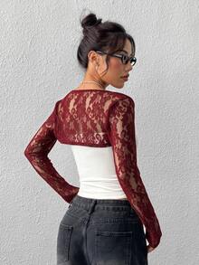 SHEIN EZwear 夏季新款白色蕾絲修身披肩上衣 - 酒紅色 - 查看 2