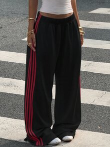 Muchica 大尺碼女款棕色側條紋寬腿寬鬆休閒長褲 S Trousers 大碼運動慢跑褲闊腿褲 秋季 - 彩色 - 查看 1