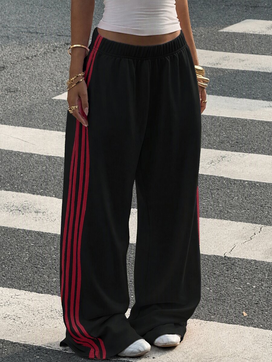 Muchica 大尺碼女款棕色側條紋寬腿寬鬆休閒長褲 S Trousers 大碼運動慢跑褲闊腿褲 秋季 - 彩色 - 查看 1