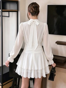 SHEIN Teen Girls Plain Elegant Mock Neck Lantern Sleeve Ruched Tiered Ruffle Mini Dress - White - View 2