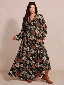 Melodosi 大尺碼女款花卉V領燈籠袖休閒洋裝（適合秋季），楓葉印花長袖洋裝－復古休閒風 - 彩色 - 查看 5