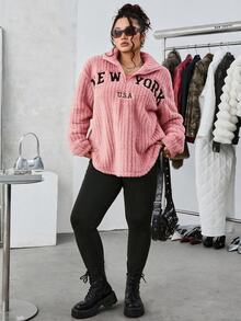 SHEIN EZwear 2件組休閒字母印花拉鍊抓絨連帽衫與修身瑜伽褲，百搭大尺碼，秋冬款 - 粉色 - 查看 4