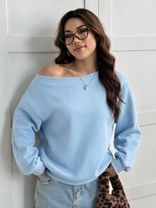SHEIN EZwear 女款寬鬆斜肩保暖內裡運動衫，黑色，秋冬外出週日海灘休閒款 - 淺藍色 - 查看 4