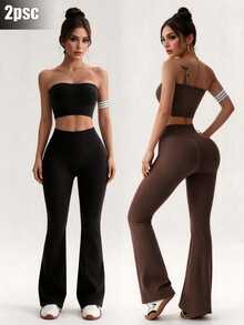 Slayform Slayform Women's Solid Color Cropped Tube Top And Flare Pants Sports Set - Multicolor - View 4