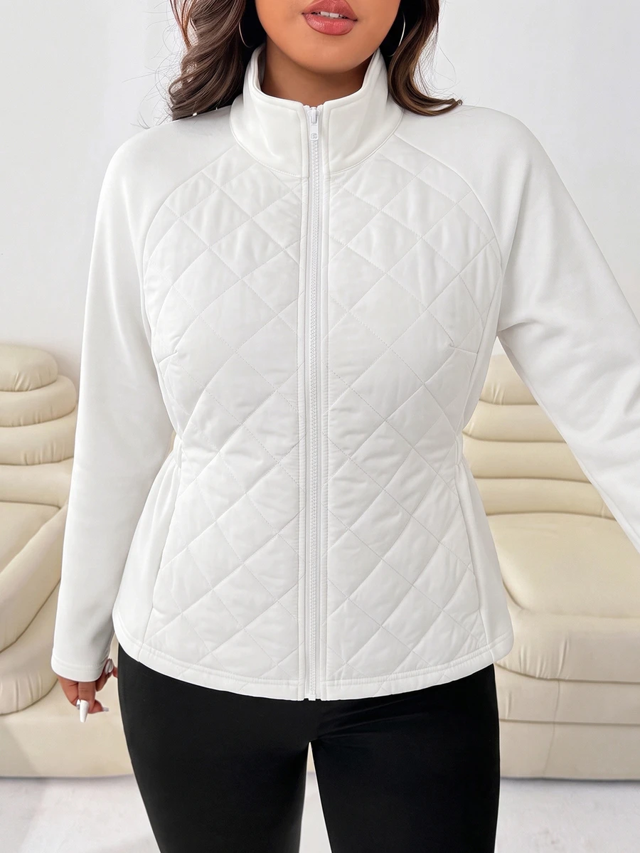 SHEIN EZwear 大尺碼女款素色拉鍊休閒百搭冬季加厚棉外套 - 白色 - 查看 1