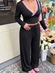 GalTyme 大尺碼蕾絲拼接長袖上衣與長褲兩件套 正式辦公室晚餐裝 黑色 秋季休閒簡約優雅款 - 黑色 - 查看 3