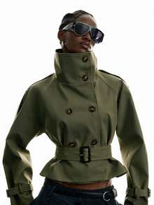 LYSMO Women's Solid Color Stand Collar Casual Versatile Trench Coat Jacket - Army Green - View 3