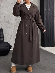 SHEIN EZwear 大尺碼軍綠色長款風衣，秋冬季 - 巧克力棕 - 查看 3