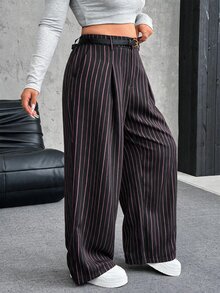 SHEIN EZwear 大尺碼純色鈕扣開合休閒寬腿褲附腰帶 秋冬款 - 黑色 - 查看 7