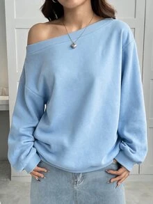 SHEIN EZwear 女款寬鬆斜肩保暖內裡運動衫，黑色，秋冬外出週日海灘休閒款 - 淺藍色 - 查看 5