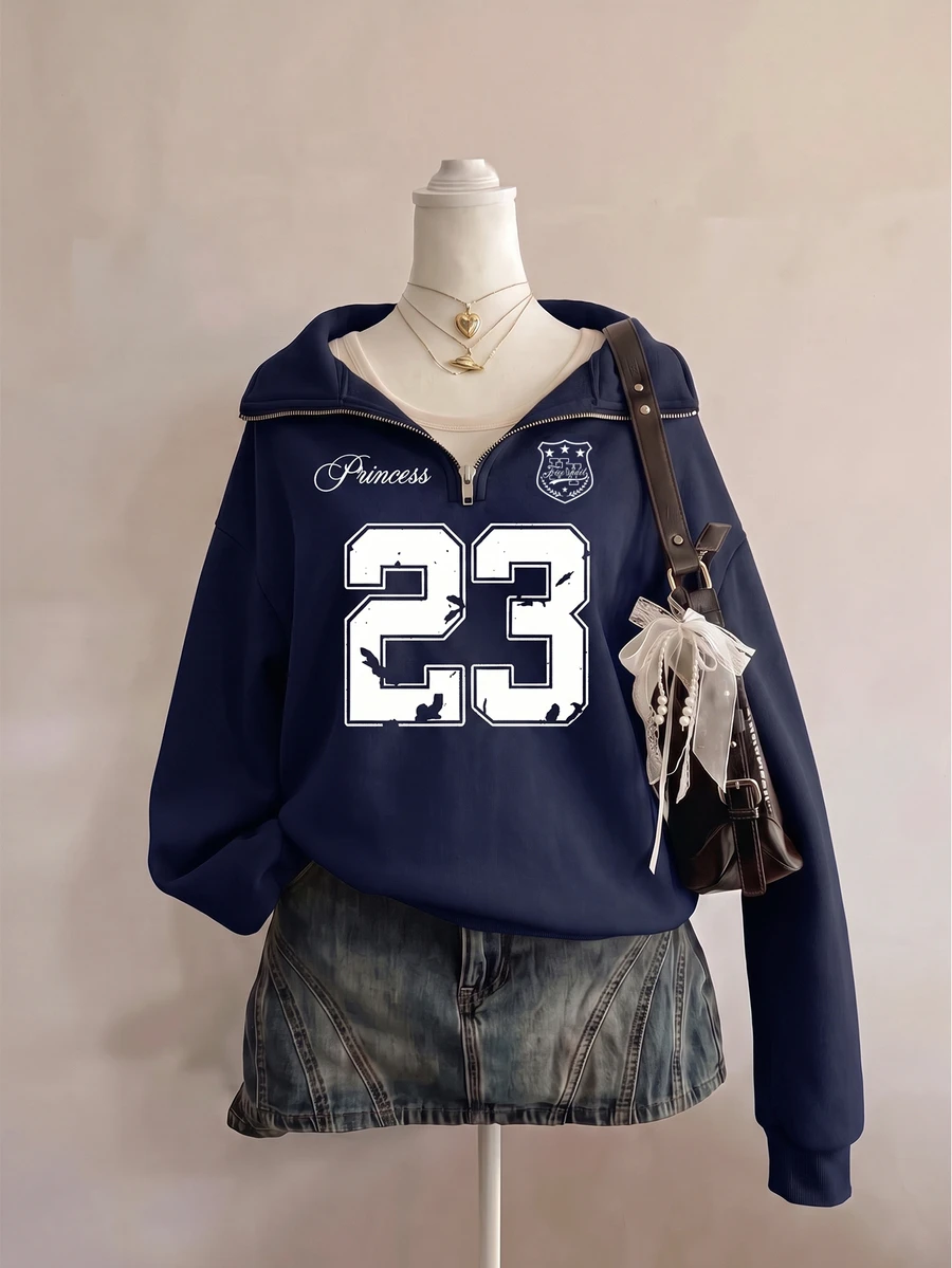SHEIN 青少年女孩抓絨秋季服飾 休閒 #23 圖案寬鬆衛衣 保暖 秋冬穿搭 舒適 日常 長袖 寬鬆版型 - 藏蓝色 - 查看 1