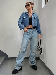 SHEIN EZwear 春季穿搭落肩翻蓋設計短版燈芯絨夾克 秋冬款 - 霧霾藍 - 查看 3