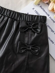 Young Girls Chic Black PU Leather Shorts With Elastic Waist And Button Accent Casual Summer Wear - Black - View 4