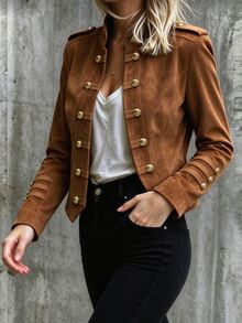 LUMIGAL Brown Solid Color Button Vintage Maillard Jacket For Daily Outings, Photography And Commuting - Brown - View 5