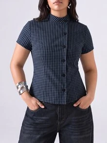LYSMO Plus Size Women's Summer Casual Plaid Tie Waist Blouse Office Formal Navy Blue - Royal Blue - View 3