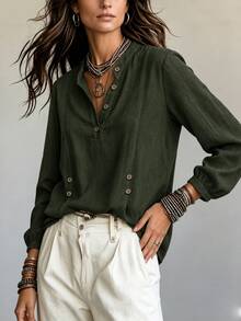 SHEIN 秋季休閒純色長袖襯衫 - 軍綠色 - 查看 3