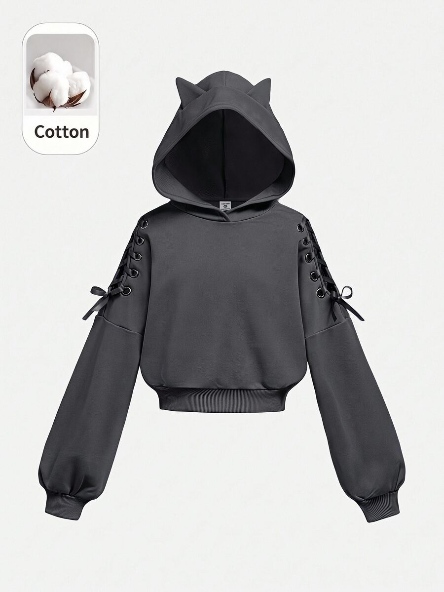 SHEIN 女童萬聖節時尚街頭風長袖抽繩休閒套頭衛衣 蝴蝶結深灰色 短版 秋冬款 - 灰色 - 查看 1