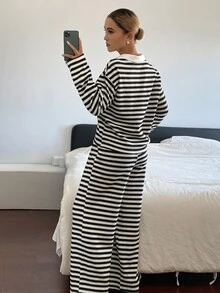 DAZY Women's Striped Lapel Long Sleeve T-Shirt And Pants Casual 2 Pieces Set - Black - View 2