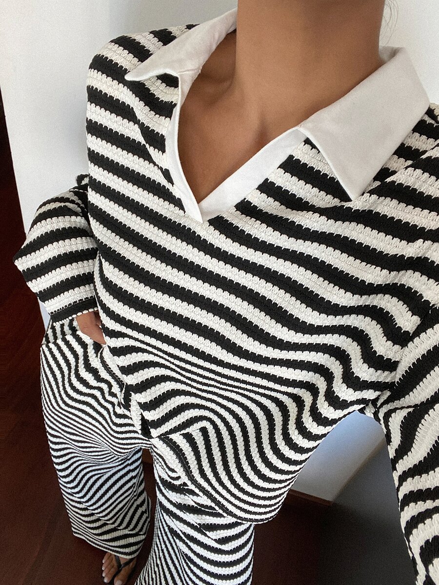 DAZY Women's Striped Lapel Long Sleeve T-Shirt And Pants Casual 2 Pieces Set - Black - View 1