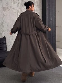SHEIN EZwear 大尺碼軍綠色長款風衣，秋冬季 - 巧克力棕 - 查看 2