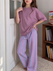 青少年女孩休閒甜美少女風簡約條紋圓領短袖長褲家居服套裝，適合日常居家穿著，舒適自在，休閒穿搭，時尚少女風 - 彩色 - 查看 3